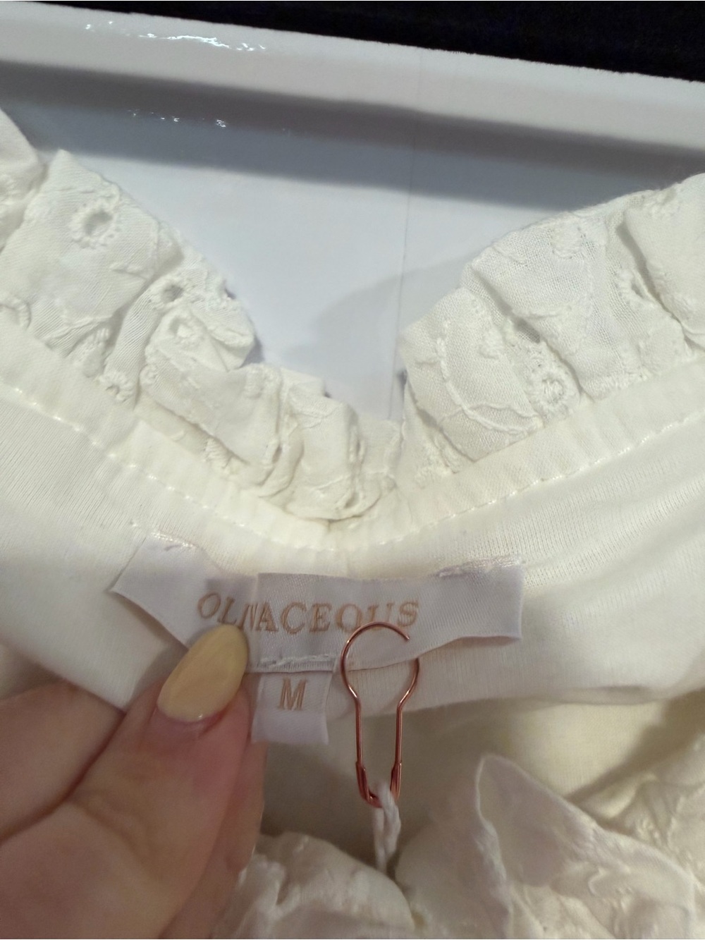 Women's NWT boutique Olivacheous Ivory Eyelet Ruffle Blouse - Picture 3 of 5